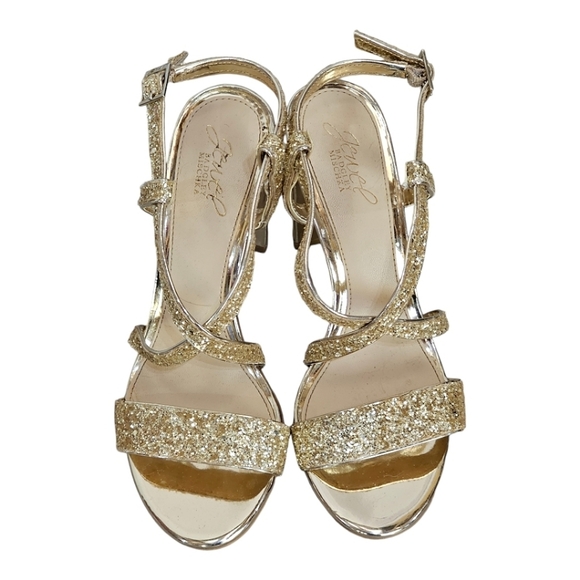 Badgley Mischka Jewel Heels Sz 8 Gold Glitter Sparkle New Years Cocktail Strappy - Picture 3 of 12